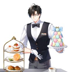 Rule 34 | 1boy, badge, belt, black belt, black bow, black bowtie, black hair, black vest, blue bow, bow, bowtie, cake, chulsoo kim (closers), closed eyes, closers, collared shirt, cowboy shot, croissant, cup, facing viewer, food, fruit, gloves, grey pants, highres, holding, holding plate, light smile, lime (fruit), lime slice, macaron, male focus, official art, orange (fruit), orange slice, pants, parted bangs, plate, saucer, shirt, short hair, sleeves past elbows, solo, striped, striped bow, table, tea, teacup, tiered tray, tomato, tomato slice, traditional bowtie, vest, waistcoat, waiter, white background, white gloves, white shirt