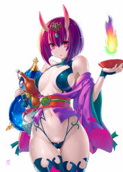 Rule 34 | 1girl, bob cut, breasts, cup, fate/grand order, fate (series), horns, looking at viewer, medium breasts, navel, nyanko batake, oni, pale skin, pink eyes, purple hair, revision, sakazuki, short hair, shuten douji (fate), simple background, skin-covered horns, solo, standing, thighhighs, white background