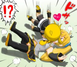 Rule 34 | !?, 1boy, 1girl, accidental kiss, akita neru, bare shoulders, black shorts, black skirt, black sleeves, black thighhighs, blonde hair, blouse, boots, character doll, commentary, detached sleeves, falling, grey shirt, heart, hetero, highres, kagamine len, kazu-chan, kiss day, lying, miniskirt, motion lines, necktie, on back, pleated skirt, shadow, shirt, shorts, side ponytail, skirt, sleeveless, sleeveless shirt, spiked hair, spoken interrobang, thigh boots, thighhighs, translated, vocaloid, yellow necktie