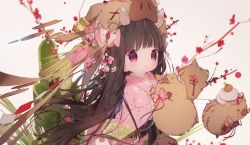 Rule 34 | 1girl, :o, animal, bad id, bad twitter id, blurry, blurry background, blush, brown hair, chinese zodiac, commentary request, depth of field, flower, grey background, highres, japanese clothes, kagami mochi, kimono, long hair, long sleeves, looking at viewer, mabuta (byc0yqf4mabye5z), obi, original, parted lips, pig, pink kimono, purple eyes, red flower, sash, simple background, sleeves past wrists, solo, tears, very long hair, x x, year of the pig
