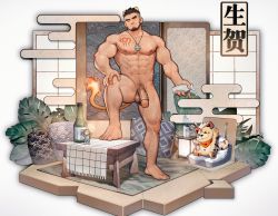 Rule 34 | 1boy, abs, alca (wakatanka4), animal ears, arm hair, bara, beard, black hair, bottle, chest hair, chest tattoo, commission, completely nude, creature, facial hair, flaccid, full body, highres, indoors, jewelry, large pectorals, leg hair, lion boy, lion ears, lion tail, looking at viewer, male focus, male pubic hair, mature male, muscular, muscular male, navel, navel hair, necklace, nipples, nude, original, pectorals, penis, peterhl, pubic hair, red eyes, short hair, sideburns, smile, solo, stomach, tail, tattoo, thick eyebrows, thick thighs, thighs, uncensored