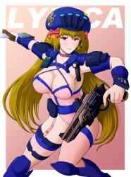 Rule 34 | 1girl, armor, boots, breasts, cleavage, finger on trigger, garter straps, gun, hair ribbon, handgun, hat, holding, holding gun, holding sword, holding weapon, large breasts, leotard, original, ribbon, shoulder armor, solo, sword, thigh boots, thighs, treble clef, twintails, weapon