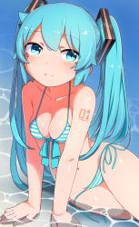 Rule 34 | 1girl, abmayo, absurdres, aqua eyes, aqua hair, arm support, bare arms, bikini, blush, breasts, cleavage, collarbone, commentary request, feet out of frame, front-tie top, hair ornament, halterneck, hatsune miku, highres, long hair, looking at viewer, medium breasts, navel, ocean, open mouth, painttool sai (medium), shoulder tattoo, side-tie bikini bottom, sitting, sitting on water, smile, solo, striped bikini, striped clothes, sweatdrop, swimsuit, tattoo, twintails, very long hair, vocaloid, water