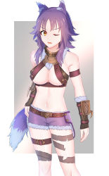 Rule 34 | 1girl, ;o, akuyaku, animal ear fluff, animal ears, arm strap, armor, armpit crease, bare shoulders, belt, belt bra, bikini, bikini top only, black bikini, blush, border, breasts, cleavage, collar, commentary request, cowboy shot, fang, faulds, fur-trimmed collar, fur-trimmed shorts, fur trim, gauntlets, grey background, groin, halterneck, hand on own hip, highres, large breasts, leg belt, long hair, looking at viewer, makoto (princess connect!), medium breasts, metal collar, midriff, navel, one eye closed, open mouth, princess connect!, purple belt, purple hair, purple shorts, short shorts, shorts, sidelocks, simple background, solo, standing, swimsuit, tail, thigh strap, white border, wolf ears, wolf girl, wolf tail, yellow eyes