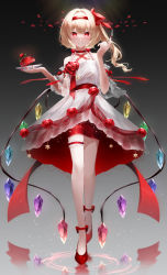 Rule 34 | 1girl, absurdres, ankle lace-up, arm at side, bare shoulders, bat wings, black background, blonde hair, breasts, cake, cake slice, criss-cross halter, cross-laced footwear, crystal, dress, fangs, fingernails, flandre scarlet, flower, food, fork, full body, grin, hair ribbon, halter dress, halterneck, hand up, highres, holding, holding fork, light purple hair, long fingernails, looking at viewer, nail polish, off-shoulder dress, off shoulder, one side up, open mouth, red dress, red eyes, red flower, red footwear, red nails, red ribbon, red rose, ribbon, ripples, rose, sash, see-through, shoes, short hair with long locks, silver hair, sleeves past elbows, slit pupils, smile, solo, star (symbol), touhou, two-sided fabric, two-sided skirt, two-tone dress, white dress, wings, yukia (yukia 777)