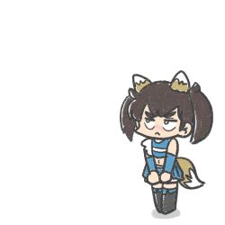 Rule 34 | 1girl, :&lt;, alternate costume, alternate hairstyle, black footwear, black hair, black thighhighs, blue skirt, boots, commentary request, crop top, detached sleeves, ferret-san, frown, hokkaido nippon-ham fighters, kaga (kancolle), kantai collection, negative space, nippon professional baseball, pleated skirt, skirt, solo, thick eyebrows, thigh boots, thighhighs, twintails, x navel