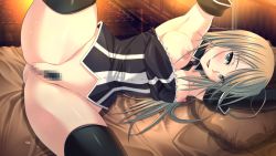 Rule 34 | 1girl, :d, bed sheet, black sleeves, black thighhighs, blue eyes, blush, bottomless, breasts, brown hair, censored, detached collar, detached sleeves, dungeon of regalias: haitoku no miyako ishgalia, female pubic hair, game cg, indoors, long hair, long sleeves, looking at viewer, lying, m&amp;m, medium breasts, meriel steward, mosaic censoring, nipples, on side, open mouth, pillow, pubic hair, pussy, shiny clothes, shiny legwear, smile, solo, straight hair, thighhighs, wing collar