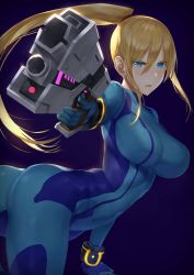 Rule 34 | 1girl, absurdres, aiming, aiming at viewer, akitaka akita, ass, blonde hair, blue eyes, bodysuit, bracelet, breasts, contrapposto, covered navel, cowboy shot, dutch angle, finger on trigger, foreshortening, gun, handgun, high ponytail, highres, impossible bodysuit, impossible clothes, jewelry, large breasts, long hair, metroid, mole, mole under mouth, nintendo, open mouth, samus aran, simple background, solo, weapon, zero suit