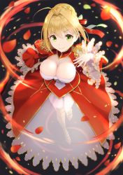 Rule 34 | 10s, 1girl, aestus estus, ahoge, arm at side, armor, armored boots, blonde hair, boots, braid, braided bun, breasts, center opening, cleavage, closed mouth, dress, epaulettes, fate/extra, fate (series), fingernails, fire, french braid, from above, full body, green eyes, hair between breasts, hair bun, hair intakes, hand up, highres, holding, holding sword, holding weapon, iincho (airi8751), juliet sleeves, knee boots, large breasts, long sleeves, looking at viewer, nero claudius (fate), nero claudius (fate) (all), nero claudius (fate/extra), petals, puffy sleeves, red dress, see-through, sidelocks, smile, solo, standing, sword, weapon, wide sleeves