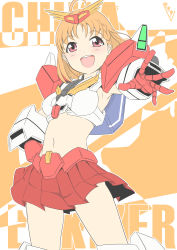 Rule 34 | 1girl, absurdres, armpits, breasts, bunji, character name, company connection, cosplay, crossover, exkaiser, exkaiser (cosplay), gloves, hair behind ear, hand on own hip, highres, love live!, love live! sunshine!!, mecha musume, medium breasts, midriff, navel, open hand, open mouth, pink eyes, red gloves, red skirt, skirt, solo, sunrise (company), takami chika, v-fin, yuusha exkaiser, yuusha series