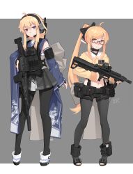Rule 34 | 2girls, absurdres, ahoge, ammunition pouch, bare shoulders, black pantyhose, blonde hair, blue eyes, blue kimono, blush, br18, braid, cz bren-2 br, detached sleeves, glasses, headset, highres, indie virtual youtuber, japanese clothes, kimono, magazine (weapon), multiple girls, nana (xerbatt), nusisring tactical, optical sight, original, pantyhose, bulletproof vest, ponytail, pouch, sandals, short shorts, shorts, simple background, single braid, smile, socks, tabi, tactical clothes, toes, vectorek, whiskey project, yellow eyes, yellow kimono