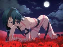 Rule 34 | 1girl, all fours, black ribbon, blue hair, closed mouth, cloud, collarbone, commentary request, dekairuka, eyepatch, fate/grand order, fate (series), flat chest, flower, full body, full moon, hair over one eye, hair ribbon, long hair, looking at viewer, mochizuki chiyome (fate), moon, night, nude, outdoors, purple eyes, ribbon, ribs, solo, spider lily, tattoo, very long hair