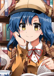 Rule 34 | 1girl, blue hair, book, book stack, bow, bowtie, braid, brown hat, brown vest, buttons, checkered clothes, checkered jacket, commentary, cup, detective, hand on own cheek, hand on own face, hat, idolmaster, idolmaster million live!, indoors, jacket, light blush, long sleeves, looking at viewer, nanao yuriko, red bow, red bowtie, shirt, short hair, smile, solo, steam, tea, teacup, train 90, upper body, vest, white shirt, yellow eyes