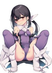 Rule 34 | 1girl, ass, black hair, blush, breasts, brown eyes, cameltoe, closed mouth, commentary request, detached sleeves, fate/kaleid liner prisma illya, fate (series), full body, hair between eyes, hair ornament, hairclip, highres, leotard, long hair, looking at viewer, low twintails, magical girl, miyu edelfelt, purple leotard, purple thighhighs, santa (sunflower), shoes, sidelocks, simple background, skindentation, small breasts, smile, solo, spread legs, thighhighs, twintails, white background, x hair ornament, yellow eyes