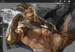 Rule 34 | 1boy, abs, art program in frame, bara, bare pectorals, beard, brown hair, facial hair, full beard, highres, large pectorals, league of legends, looking at viewer, male focus, mature male, muscular, muscular male, pantheon (league of legends), pectorals, solo, thick beard, thick eyebrows, unfinished, upper body, xkov (cerberuskeeper)