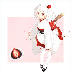 Rule 34 | 1girl, :o, bad id, bad pixiv id, border, food, fruit, hair ornament, hakusai (tiahszld), japanese clothes, kimono, looking at viewer, obi, open mouth, original, pantyhose, red border, red eyes, sash, solo, strawberry, twintails, white hair, white pantyhose, wide sleeves