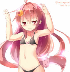 Rule 34 | 10s, 1girl, 2015, :3, bad id, bad pixiv id, bikini, black bikini, blush, breasts, crescent, crescent hair ornament, dated, hair ornament, kantai collection, long hair, looking at viewer, natuna natu, navel, pink eyes, rabbit hair ornament, red hair, simple background, sketch, small breasts, solo, swimsuit, twitter username, uzuki (kancolle), very long hair, white background