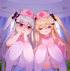 Rule 34 | 2girls, :q, absurdres, black bow, blonde hair, bow, closed mouth, clothes lift, dress, dress lift, feet out of frame, grey hair, hair between eyes, hair bow, hair ornament, hands on own cheeks, hands on own face, hat, highres, indoors, lifted by self, long hair, multiple girls, niliu chahui, nurse cap, original, panties, panties under pantyhose, pantyhose, parted lips, pink dress, pink headwear, short sleeves, siblings, sisters, squatting, striped clothes, striped panties, thighhighs, tokisaki asaba (niliu chahui), tokisaki mio (niliu chahui), tongue, tongue out, two side up, underwear, very long hair, white pantyhose, white thighhighs