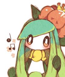Rule 34 | 1girl, blush, bright pupils, colored skin, creatures (company), crown, female focus, flat chest, flower, game freak, gen 5 pokemon, green hair, hair flower, hair ornament, hand up, lilligant, long hair, looking at viewer, mini crown, monster girl, musical note, nintendo, no mouth, orange eyes, plant girl, playing with own hair, pokemon, pokemon (creature), red flower, shira (sirairo116), sidelocks, simple background, sketch, solo, standing, straight-on, swept bangs, upper body, white background, white pupils, white skin, yellow headwear