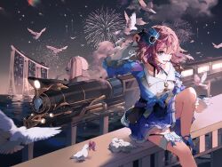 Rule 34 | 1girl, aerial fireworks, bare legs, bird, black gloves, blue skirt, blue sleeves, camera, cloud, collarbone, commentary, dove, english commentary, fireworks, foot out of frame, gloves, hair between eyes, hand on own knee, highres, holding, holding camera, honkai: star rail, honkai (series), jacket, looking at viewer, march 7th (honkai: star rail), medium hair, night, night sky, one eye closed, outdoors, pink hair, shirt, singapore, single glove, sitting, skirt, sky, smile, solo, star (sky), teeth, thigh strap, tied jacket, train, upper teeth only, white bird, white shirt, yeurei