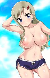 Rule 34 | 1girl, absurdres, blonde hair, blue eyes, blue sky, breasts, eden&#039;s zero, female focus, hair ornament, highres, jewelry, kiniro tofu, large breasts, navel, nipples, nude, rebecca bluegarden, shorts, sky, solo