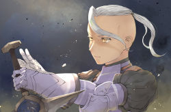 Rule 34 | 1boy, armor, brown eyes, burisuke, cross ward, gauntlets, grey hair, holding, holding sword, holding weapon, male focus, outdoors, puffy sleeves, radiata stories, solo, sword, upper body, weapon