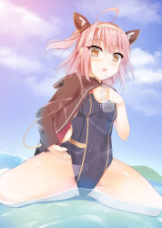 Rule 34 | 1girl, ahoge, azur lane, bottle, breasts, cloud, competition swimsuit, day, groin, hair ornament, highres, jacket, one-piece swimsuit, open mouth, short hair, shrimp 3, sitting, sky, small breasts, solo, swimsuit, u-81 (azur lane), yellow eyes
