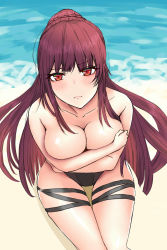 Rule 34 | 1girl, bare shoulders, beach, bikini, black bikini, blush, breasts, cleavage, closed mouth, collarbone, covering privates, covering breasts, crossed arms, from above, girls&#039; frontline, hair ornament, hanser, highres, long hair, looking at viewer, medium breasts, no bra, ocean, purple hair, red eyes, sitting, solo, swimsuit, thighs, topless, wa2000 (girls&#039; frontline), wa2000 (op. manta ray) (girls&#039; frontline)