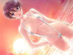 Rule 34 | 1girl, ail soft, blush, breasts, cleavage, cloud, collarbone, hand on own hip, large breasts, looking at viewer, maternity insult, navel, ocean, one-piece swimsuit, open mouth, purple eyes, purple hair, ribahara aki, ryoubo -maternity insult-, short hair, sky, slingshot swimsuit, standing, sun, sunset, swimsuit, wading, water, white one-piece swimsuit