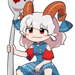 Rule 34 | 1girl, blue bow, blush stickers, bow, breasts, brown horns, closed mouth, commentary, curled horns, detached sleeves, dress, earrings, eye print, feet out of frame, grey hair, holding, holding spoon, hoop earrings, horn bow, horn ornament, horns, jewelry, kasugai (de-tteiu), looking at viewer, meandros, medium bangs, medium hair, oversized object, patterned clothing, pointy ears, red eyes, red sleeves, sheep horns, simple background, small breasts, smile, solo, spoon, squatting, sweatdrop, symbol-only commentary, touhou, toutetsu yuuma, unfinished dream of all living ghost, white background