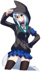 Rule 34 | 1girl, animal ears, animal hood, arm up, black jacket, blue skirt, blush, brown thighhighs, camisole, closed mouth, collarbone, criss-cross halter, fang, fang out, green eyes, hair between eyes, hair ornament, hairclip, halterneck, hand on own hip, highres, hood, hood up, hooded jacket, jacket, long hair, long sleeves, original, pleated skirt, shirogane kasane, silver hair, simple background, skirt, solo, surume aburi, sweat, tail, thighhighs, white background, white camisole