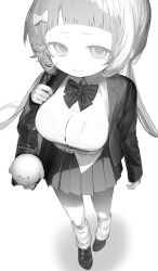Rule 34 | 1girl, bag, blunt bangs, bow, bowtie, breasts, closed mouth, collared shirt, from above, full body, greyscale, hair bow, highres, jacket, large breasts, loafers, long hair, long sleeves, looking at viewer, loose socks, low twintails, miniskirt, monochrome, open clothes, open jacket, original, pleated skirt, school bag, school uniform, shirt, shoes, simple background, skirt, socks, solo, standing, twintails, white background, xoxzxox