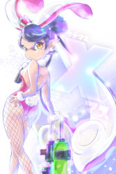 Rule 34 | + +, 1girl, :o, animal ears, ass, back, bare arms, bare shoulders, black hair, box, breasts, callie (splatoon), contrapposto, earrings, fake animal ears, fake tail, feet out of frame, fishnet pantyhose, fishnets, from behind, fur collar, gift, gift box, hand on own hip, highres, inkling, jewelry, leaning on object, leaning on weapon, legs, leotard, long hair, long legs, looking at viewer, looking back, mole, mole under eye, nintendo, object on head, open mouth, orange eyes, pantyhose, playboy bunny, pointy ears, rabbit ears, rabbit tail, ribbon, shoulder blades, sideboob, small breasts, solo, splatoon (series), splatoon 1, splattershot (splatoon), standing, sumomo kpa, symbol-shaped pupils, tail, tentacle hair, thighs, very long hair, wrist cuffs, yellow eyes, zipper pull tab