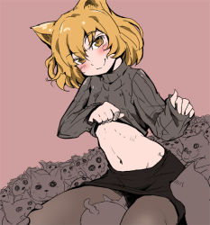 Rule 34 | 1girl, animal ears, blush, cat, cat ears, clothes lift, kubocha, looking at viewer, midriff, navel, original, pantyhose, shirt lift, short hair, smile, solo, too many, too many cats