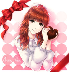 Rule 34 | 1girl, absurdres, blunt bangs, bow, brown eyes, buttons, candy, chocolate, chocolate heart, collared shirt, english text, eyebrows, food, glint, hair bow, head tilt, heart, highres, holding, holding food, lips, long hair, long sleeves, looking at viewer, original, polka dot, polka dot background, ponytail, puffy long sleeves, puffy sleeves, red bow, red hair, shirt, smile, solo, tareme, text focus, upper body, uro (uroboros), wavy hair, white bow, white shirt, wing collar