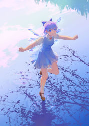Rule 34 | 1girl, blouse, blue dress, blue eyes, blue hair, blue ribbon, bow, bowtie, cirno, dress, dress shirt, full body, grin, hair bow, highres, ice, ice wings, jessicaxx, looking at viewer, mary janes, outdoors, outstretched arms, pinafore dress, puffy short sleeves, puffy sleeves, red bow, red bowtie, reflection, reflective water, ribbon, ripples, shirt, shoes, short hair, short sleeves, sleeveless dress, smile, socks, solo, spread arms, standing, standing on one leg, tiptoes, touhou, water, white shirt, wings