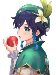 Rule 34 | 1boy, 39 iduki, androgynous, apple, beret, black hair, blue hair, braid, capelet, collared capelet, commentary, fingernails, flower, food, from side, fruit, genshin impact, gradient hair, green capelet, green eyes, green hat, hat, hat flower, highres, holding, holding food, holding fruit, long sleeves, looking at viewer, looking to the side, male focus, multicolored hair, open mouth, shirt, short hair with long locks, side braids, simple background, solo, symbol-only commentary, twin braids, twitter username, upper body, venti (genshin impact), white background, white flower, white shirt