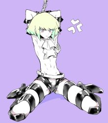 Rule 34 | 1boy, androgynous, anger vein, arms behind head, belt, buckle, chain, frown, green hair, high heels, kneeling, lio fotia, looking at viewer, male focus, multiple belts, navel, promare, purple background, short hair, simple background, solo, topless male, trapped, wazuka (wzzc)