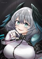 Rule 34 | 1girl, :d, absurdres, aqua eyes, aqua nails, arknights, bags under eyes, black background, breasts, commentary, fangs, fingerless gloves, gloves, grey hair, hand up, head wings, highres, ho&#039;olheyak (arknights), large breasts, looking at viewer, nail polish, open mouth, short hair, sleepyowl (jobkung15), smile, solo, upper body, white gloves, wings