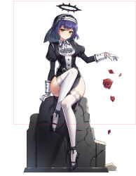 Rule 34 | 1girl, absurdres, ankle ribbon, arm support, ascot, belt, black belt, black dress, black footwear, black halo, black headwear, black ribbon, blue hair, breasts, closers, coif, collared shirt, spiked halo, dress, eunha (closers), falling petals, flower, full body, garter straps, gloves, green eyes, habit, halo, highres, juliet sleeves, lace, lace-trimmed thighhighs, leg ribbon, leg up, long sleeves, looking at viewer, mary janes, medium breasts, nun, official art, parted lips, pelvic curtain, petals, puffy sleeves, red flower, red rose, ribbon, rose, shirt, shoes, short hair, sitting, solo, stele, tachi-e, thighhighs, white ascot, white background, white gloves, white shirt, white thighhighs, zettai ryouiki
