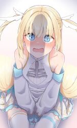 Rule 34 | 1girl, @ @, absurdres, ascot, bare shoulders, blonde hair, blue eyes, blush, commentary, detached sleeves, dress, embarrassed, eyes visible through hair, frilled dress, frills, full-face blush, hair between eyes, highres, long hair, long sleeves, looking at viewer, nervous, open mouth, penis shadow, seiza, shirayuki noa, short dress, silver116, simple background, sitting, sleeveless, sleeveless dress, solo, straight hair, tenshi souzou re-boot!, thighhighs, two side up, upturned eyes, v arms, very long hair, wavy mouth, white ascot, white dress, white sleeves, white thighhighs, wing hair ornament, yellow background, zettai ryouiki