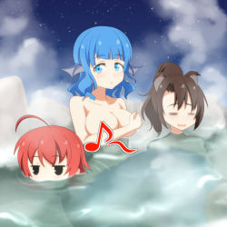 Rule 34 | 3girls, animal ears, bathing, blue eyes, blue hair, breasts, brown hair, cato (monocatienus), censored, censored nipples, completely nude, convenient censoring, covering privates, covering breasts, fins, head fins, imaizumi kagerou, large breasts, mermaid, monster girl, multiple girls, musical note, novelty censor, nude, onsen, ponytail, quaver, red hair, sekibanki, sky, star (sky), starry sky, steam, touhou, wakasagihime, wolf ears