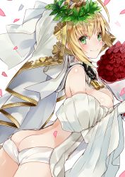 Rule 34 | 10s, 1girl, ahoge, ass, bare shoulders, blonde hair, blush, bouquet, breasts, butt crack, cleavage, detached sleeves, dress, fate/extra, fate/extra ccc, fate/grand order, fate (series), flower, green eyes, hair intakes, highres, jewelry, kou mashiro, lock, looking at viewer, looking back, necklace, nero claudius (bride) (fate), nero claudius (bride) (third ascension) (fate), nero claudius (fate), nero claudius (fate) (all), padlock, petals, ponytail, puffy sleeves, shiny skin, smile, solo