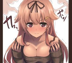 Rule 34 | 10s, 1girl, aged up, bare shoulders, blush, breasts, casual, cleavage, collarbone, dyson (edaokunnsaikouya), hair flaps, hair ornament, hair ribbon, hairclip, kantai collection, large breasts, long hair, looking at viewer, off shoulder, pillarboxed, pink hair, red eyes, ribbed sweater, ribbon, solo, steam, sweater, tears, trembling, upper body, wavy mouth, yuudachi (kancolle), yuudachi kai ni (kancolle)