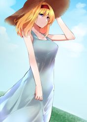Rule 34 | 1girl, absurdres, alice margatroid, alternate eye color, arm at side, blonde hair, blue dress, blue eyes, blue sky, breasts, brown headwear, closed mouth, cloud, collarbone, day, dress, dress grab, gradient eyes, grass, hair between eyes, hairband, hand on headwear, hat, highres, keenii (kenny86), large breasts, looking afar, medium hair, multicolored eyes, outdoors, purple eyes, red hairband, sky, sleeveless, sleeveless dress, smile, solo, standing, straw hat, sundress, touhou, wind