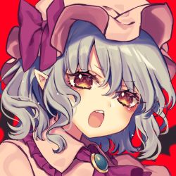 Rule 34 | 1girl, bat wings, blue hair, bow, brooch, commentary request, fang, hat, hat bow, jewelry, kyouda suzuka, medium hair, mob cap, open mouth, pink hat, pink shirt, pointy ears, portrait, purple bow, purple neckwear, red background, red eyes, remilia scarlet, shirt, solo, touhou, wings
