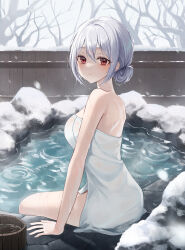 Rule 34 | 1girl, back, bare arms, bare shoulders, bare tree, blush, breasts, bucket, closed mouth, day, expressionless, fence, grey hair, hair bun, heeri, highres, long hair, looking at viewer, looking to the side, medium breasts, naked towel, onsen, original, outdoors, red eyes, rock, sidelocks, single hair bun, sitting, snow, snowing, thighs, towel, tree, water, wet, white towel, winter, wooden bucket, wooden fence