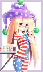 Rule 34 | 1girl, :&lt;, american flag bikini, american flag print, bespectacled, bikini, blonde hair, blush, bodypaint, border, breasts, clownpiece, collarbone, eyes visible through hair, flag print, glasses, hat, highres, hip focus, jester cap, light particles, long hair, navel, outside border, paint, paintbrush, pantyhose, print bikini, red eyes, simple background, small breasts, solo, star (symbol), stomach, striped clothes, striped pantyhose, swimsuit, table, touhou, very long hair, white background, z.o.b