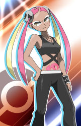 Rule 34 | &gt;:(, 10s, 1girl, bare arms, black pants, blonde hair, closed mouth, collarbone, creatures (company), crop top, daichi hasuke, eyeshadow, frown, game freak, gyaru, hair ornament, hand on own hip, highres, jewelry, kogal, long hair, looking away, looking to the side, makeup, multicolored hair, navel, necklace, nintendo, pants, pink hair, plumeria (pokemon), poke ball, pokemon, pokemon sm, pubic tattoo, quad tails, silhouette, skull, skull hair ornament, solo, stomach tattoo, streaked hair, tank top, tattoo, team skull, v-shaped eyebrows, wristband, yellow eyes