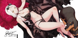 Rule 34 | 1girl, animal, armpits, bare arms, bare shoulders, barefoot, black bra, black choker, black panties, bra, breasts, carmilla (fate), carmilla (swimsuit rider) (third ascension) (fate), choker, cleavage, dog, eyewear on head, fate/grand order, fate (series), highres, large breasts, long hair, looking at viewer, lying, multi-strapped panties, navel, on back, panties, parted bangs, pillow, salmon88, side-tie panties, solo, stomach, string bra, string panties, sunglasses, thighs, tongue, tongue out, underwear, underwear only, untied panties, white hair, yellow eyes